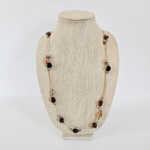 Vintage Double Strand Opera Length Black Pink Tiger Eye Stone Beaded Necklace